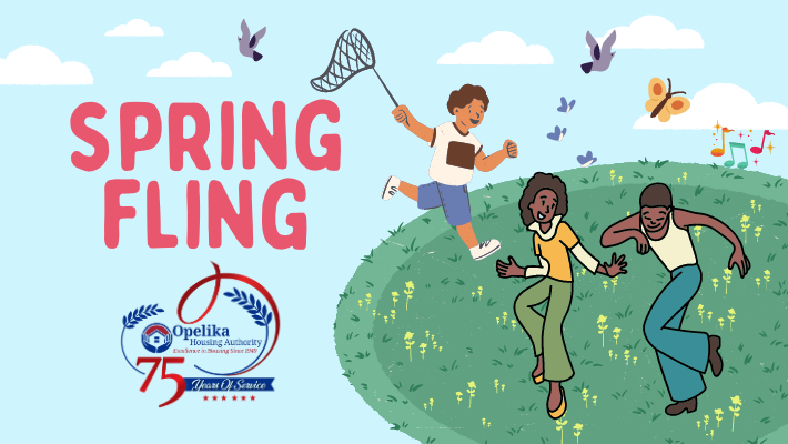 OHA Spring Fling website Banner  with people dancing and flying kites outside